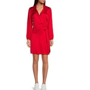 Cloth & Stone Red Satin Collared V-Neck w/Tie Side Wrap Long Sleeve Dress LG NWT